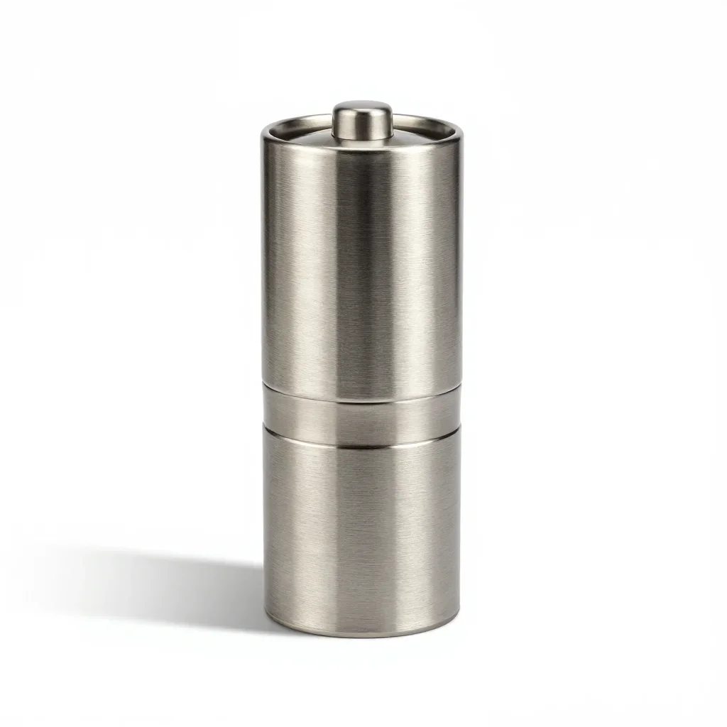 Compact travel coffee grinder isolated on a white background