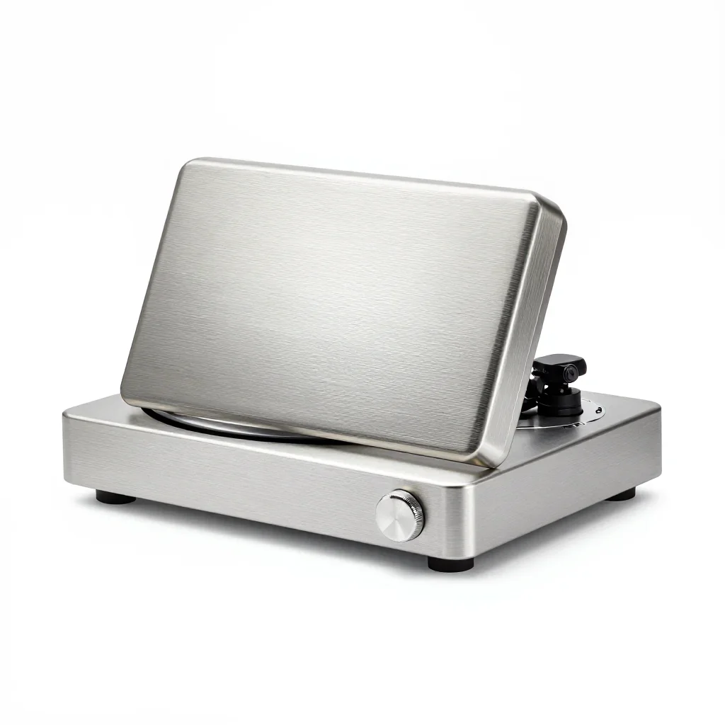 Compact travel record player isolated on a white background