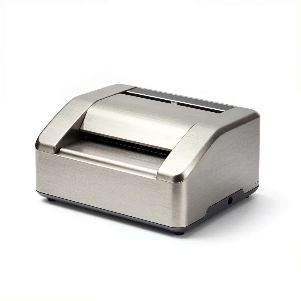 Retro-futuristic label printer isolated on a white background