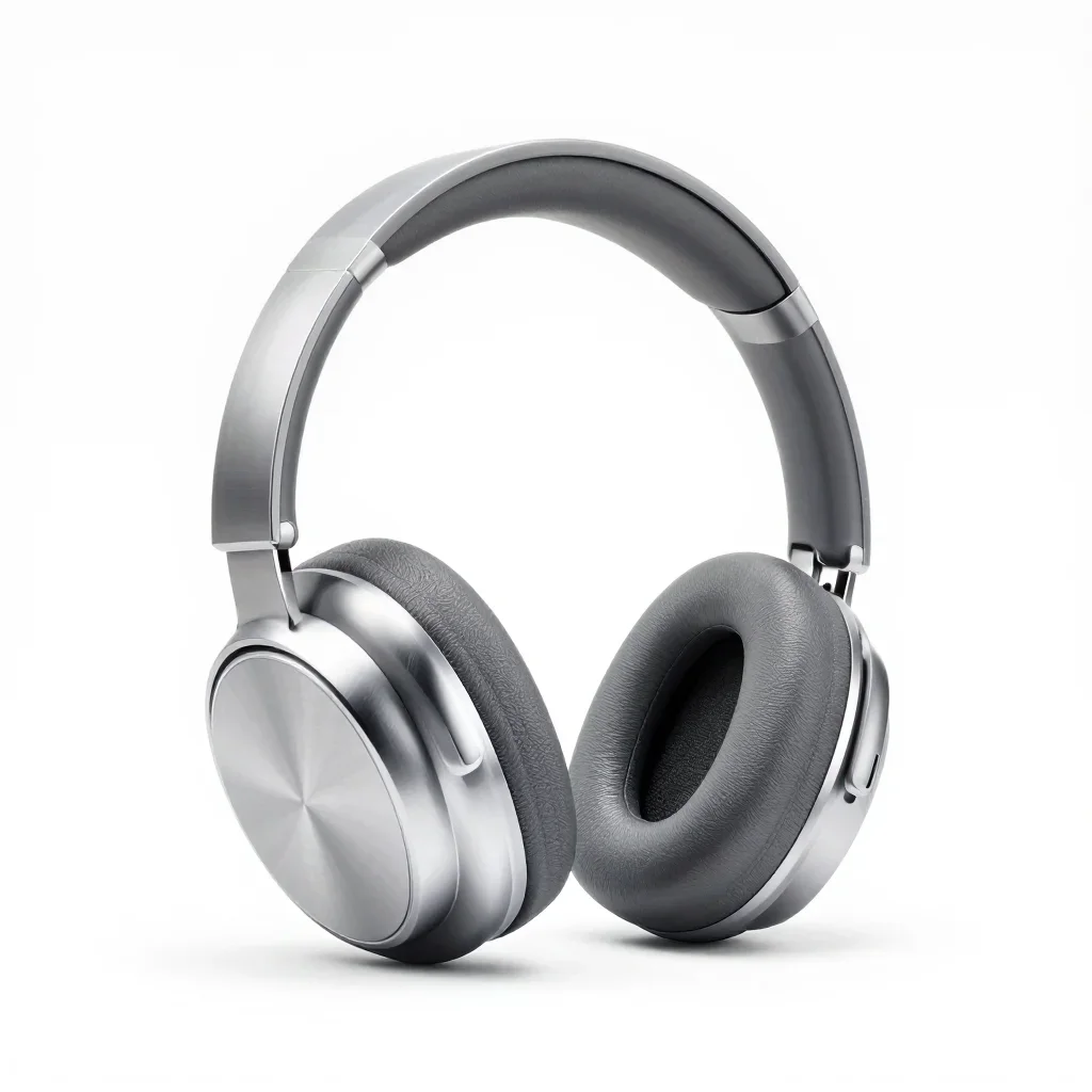 Retro-futuristic pair of headphones isolated on a white background