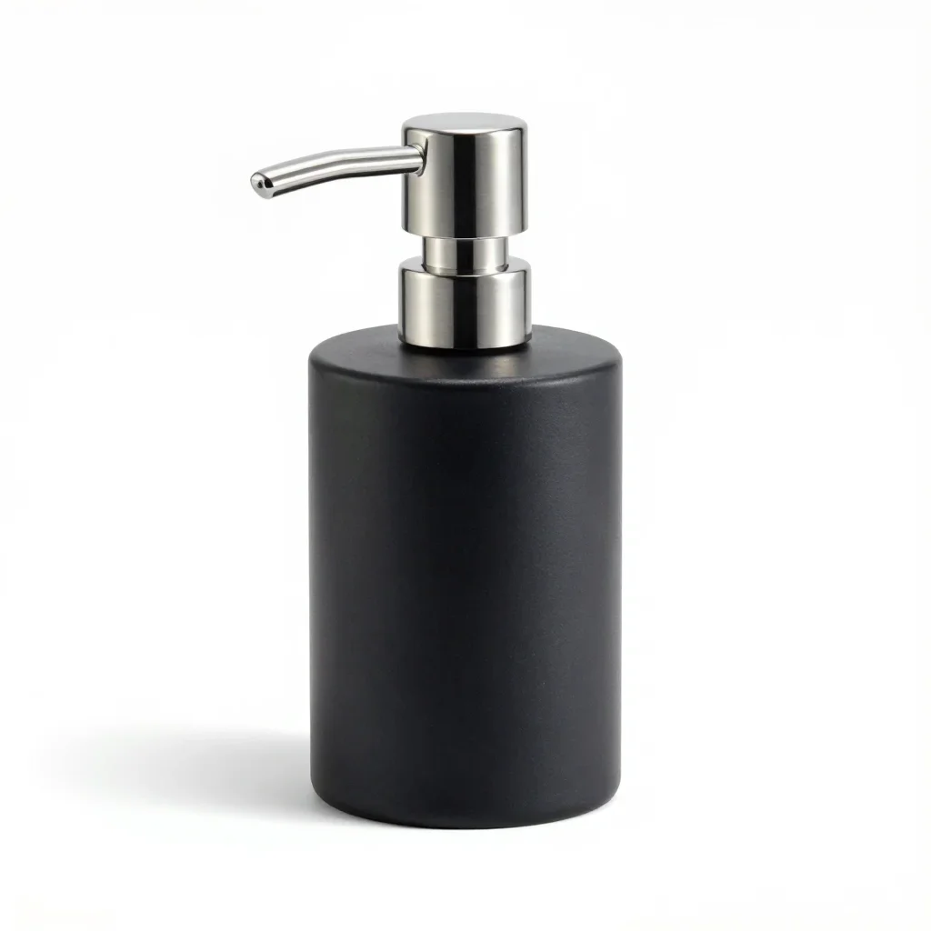 Matte black soap dispenser isolated on a white background