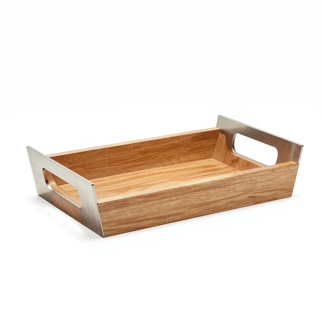Natural wood shower caddy isolated on a white background