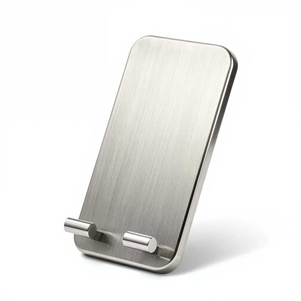 Stainless steel phone stand isolated on a white background