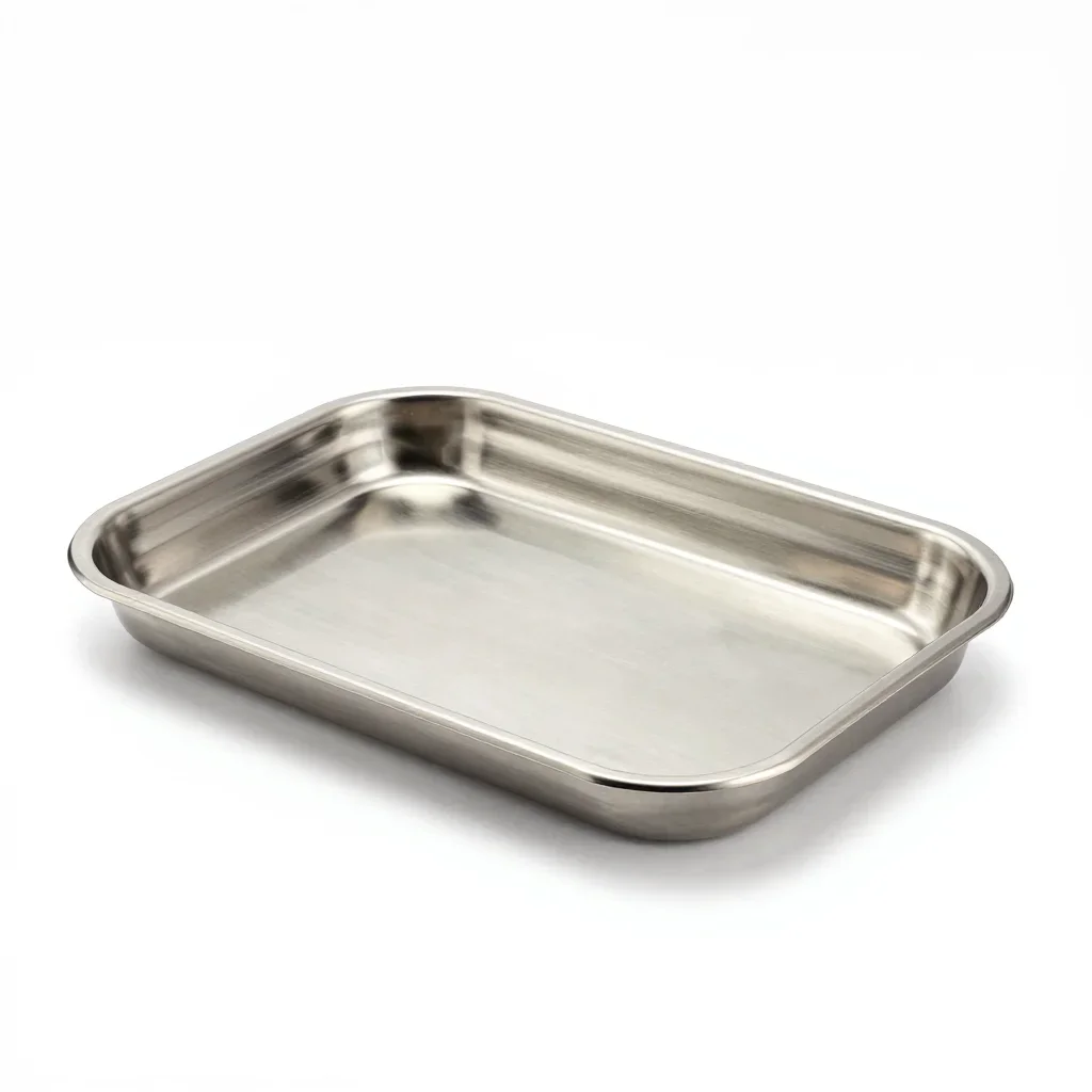 Stainless steel serving tray isolated on a white background