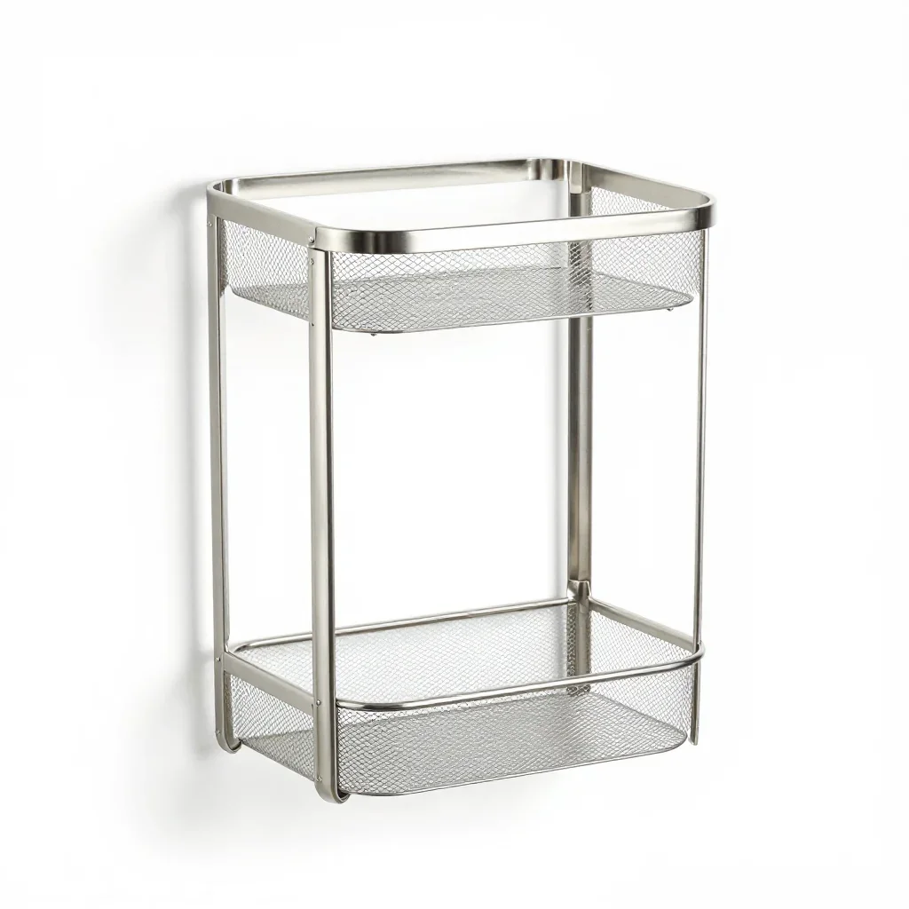 Stainless steel shower caddy isolated on a white background