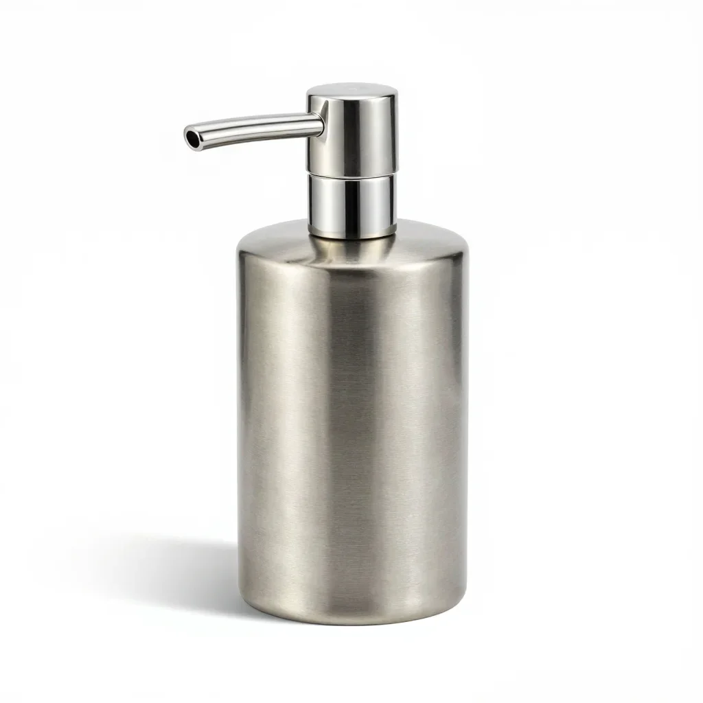 Stainless steel soap dispenser isolated on a white background