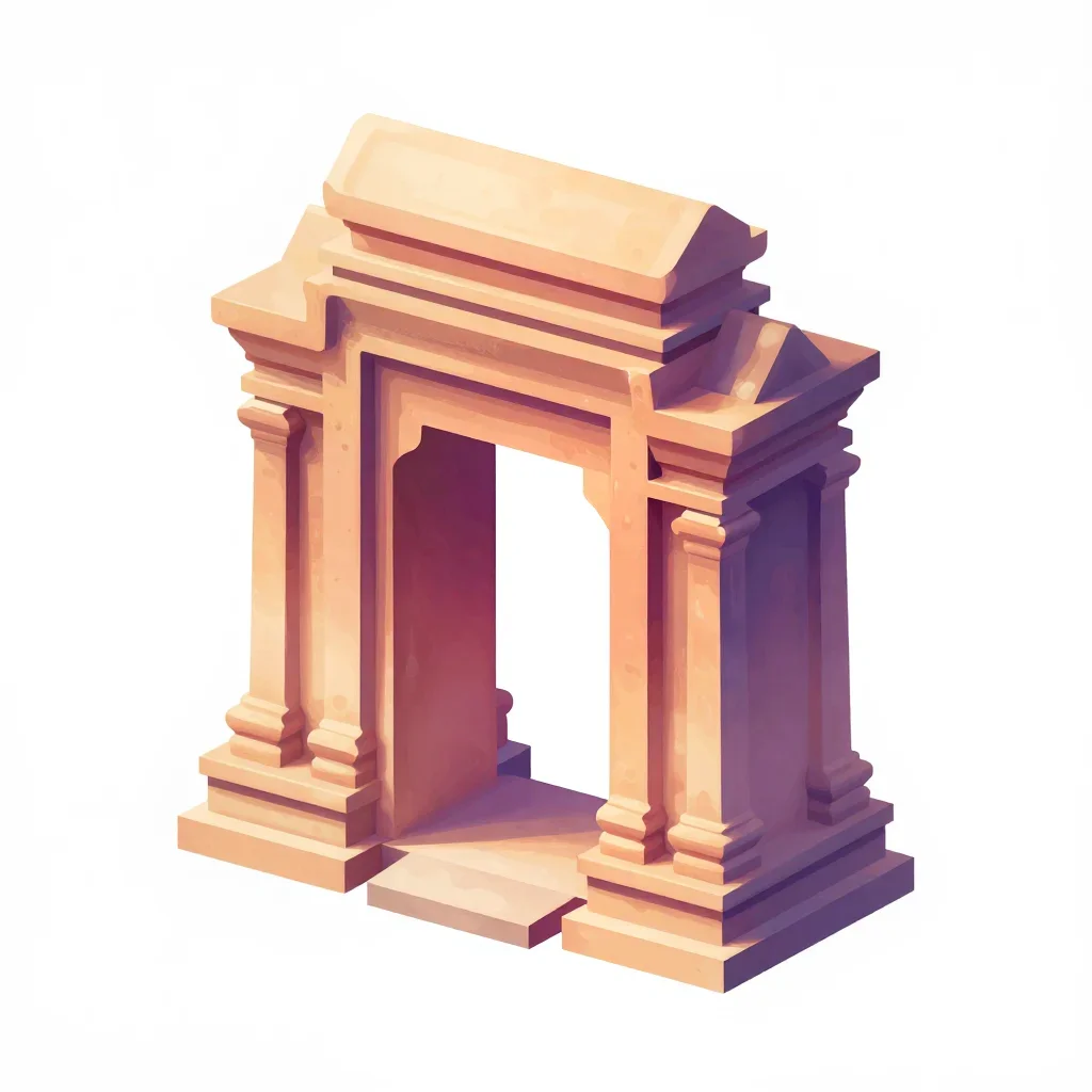 Ruined temple doorway arch isolated on a white background