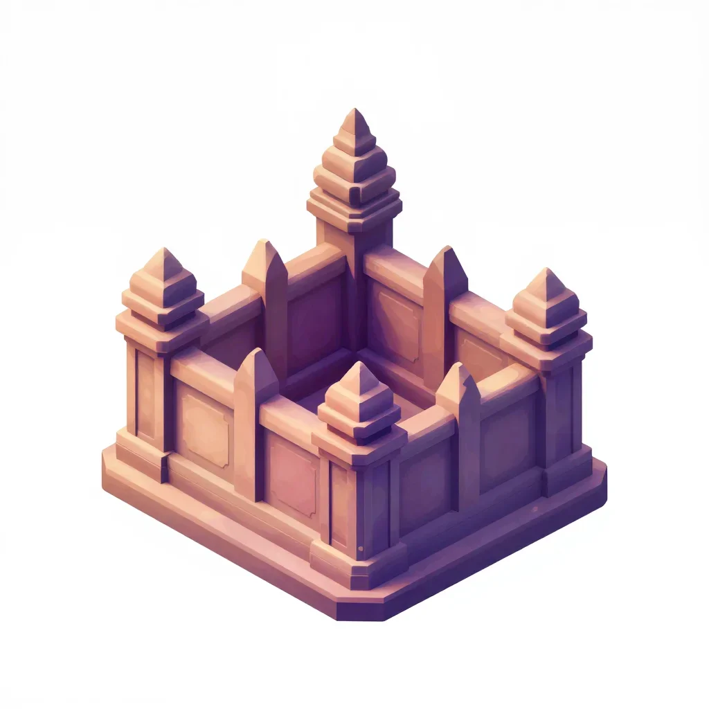 Ruined temple fence segment isolated on a white background