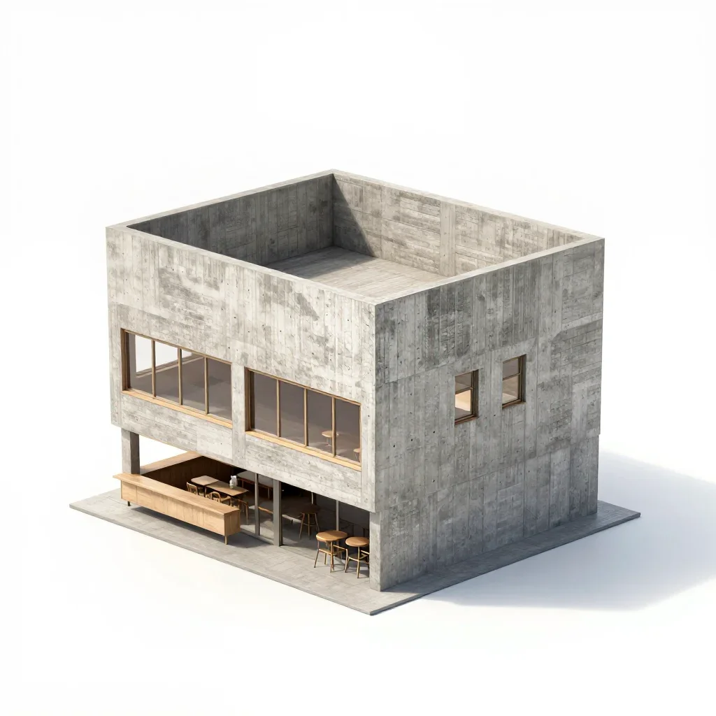 Brutalist cafe building isolated on a white background