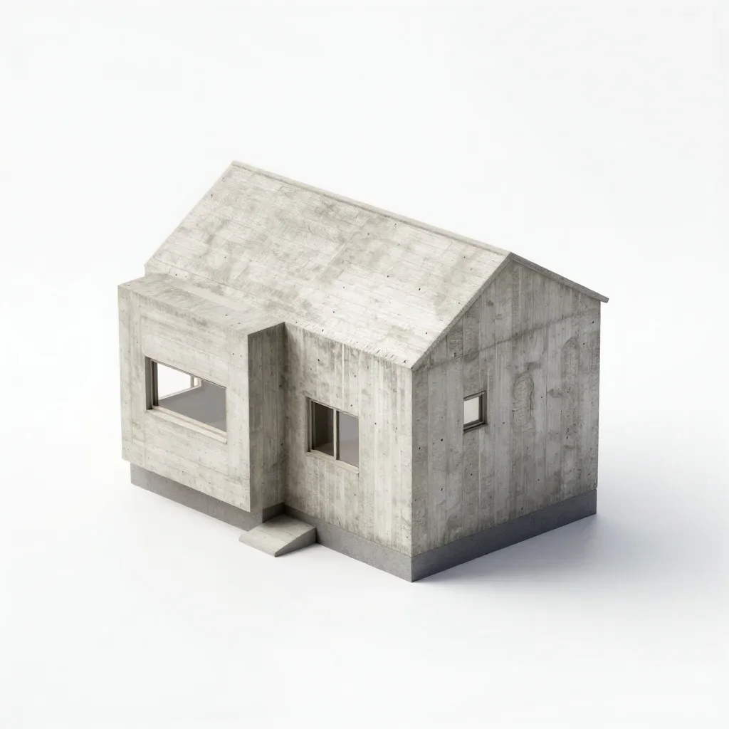 Brutalist small house isolated on a white background