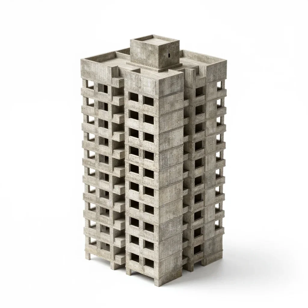 Brutalist tower block isolated on a white background