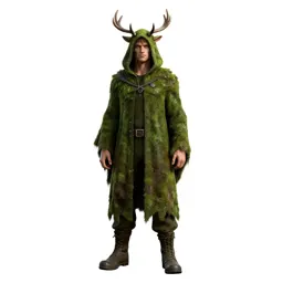 Druid cloaked in moss and antlers