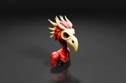 Stylized cartoon bird with bright red feathers, large orange eyes, a beige