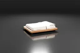 Low wooden bed with white bedding and a leafy green plant