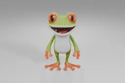 Cheerful cartoon frog with bright orange eyes, green spotted skin, a white