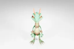 Small, cartoon-like creature with a green body and orange horns on its head