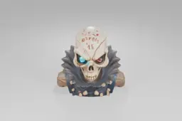 Skeleton figure with a glowing blue cybernetic eye and spiked armor adorned