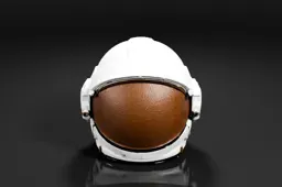 Close-up of a white helmet with a brown leather visor