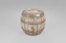 Large wooden barrel reinforced with dark metal bands stands upright, showing