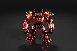 Photograph of a red robot-like figure with a metallic appearance