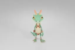 Cartoon lizard character with bright green scales, yellow underbelly, big