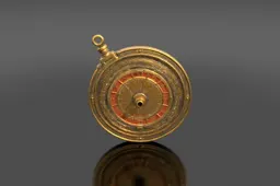 Hyper-detailed antique astrolabe in engraved brass with rotating concentric