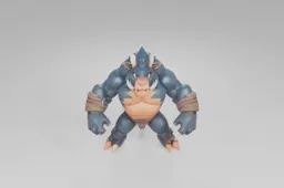 Cartoonish blue and tan minotaur with large horns, tusks, and a muscular