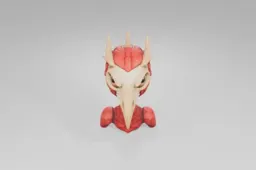 Red bird-like creature with scale-like feathers, large orange eyes, a