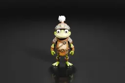 Cartoon frog wearing a helmet with a white feather on top
