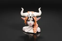 Bust of a female character with long orange hair and blue eyes