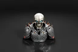 Menacing skull figure with glowing mismatched eyes, inscribed runes on its