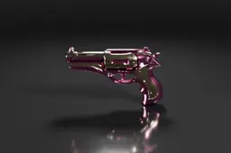 Compact, futuristic handgun with a pink and cream color scheme features