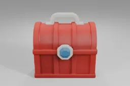 Bright red treasure chest with a curved lid and white handle, decorated with