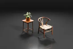 Wooden chair with a curved backrest and woven seat stands beside a small