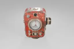 Red, weathered mechanical device featuring a large central gauge, brass