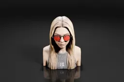 Bust of a woman with long blonde hair and red sunglasses