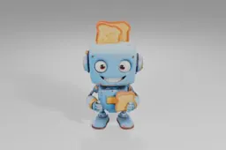 Blue robot with large eyes and a wide smile holds a slice of toast, while two