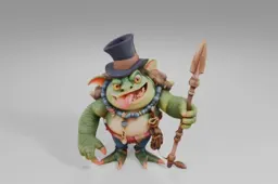 Green, chubby amphibian creature with an open mouth, top hat, feather, tribal