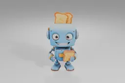 Blue robot with large eyes and a wide smile holds a slice of toast, while two