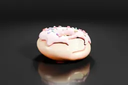 Close-up of a donut with pink icing and colorful sprinkles on top