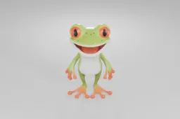 Cheerful cartoon frog with bright orange eyes, green spotted skin, a white