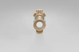 Steampunk-inspired pistol with brass gears, a wooden handle, and a blue