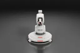 Small robot-like object with a white body and red accents