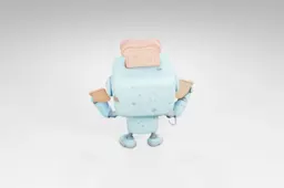 Small robot with a light blue body and a pink head