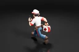Man wearing a red and white uniform with a white hat and blue jeans