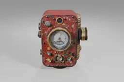Red, weathered mechanical device featuring a large central gauge, brass