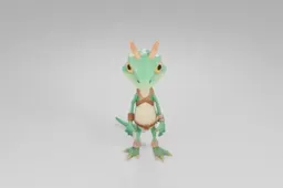Cartoon lizard character with bright green scales, yellow underbelly, big