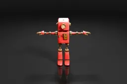 Photograph of a red robot with its arms stretched out in a dancing pose