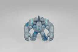 Hulking stone golem with glowing turquoise cracks, large curled horns, spiked
