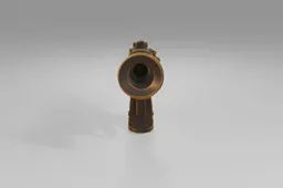 Steampunk-inspired pistol with brass gears, a wooden handle, and a blue
